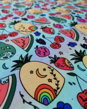 Fruity Rainbow Cotton Lycra Jersey Fabric £16.50pm (with wholesale pricing)