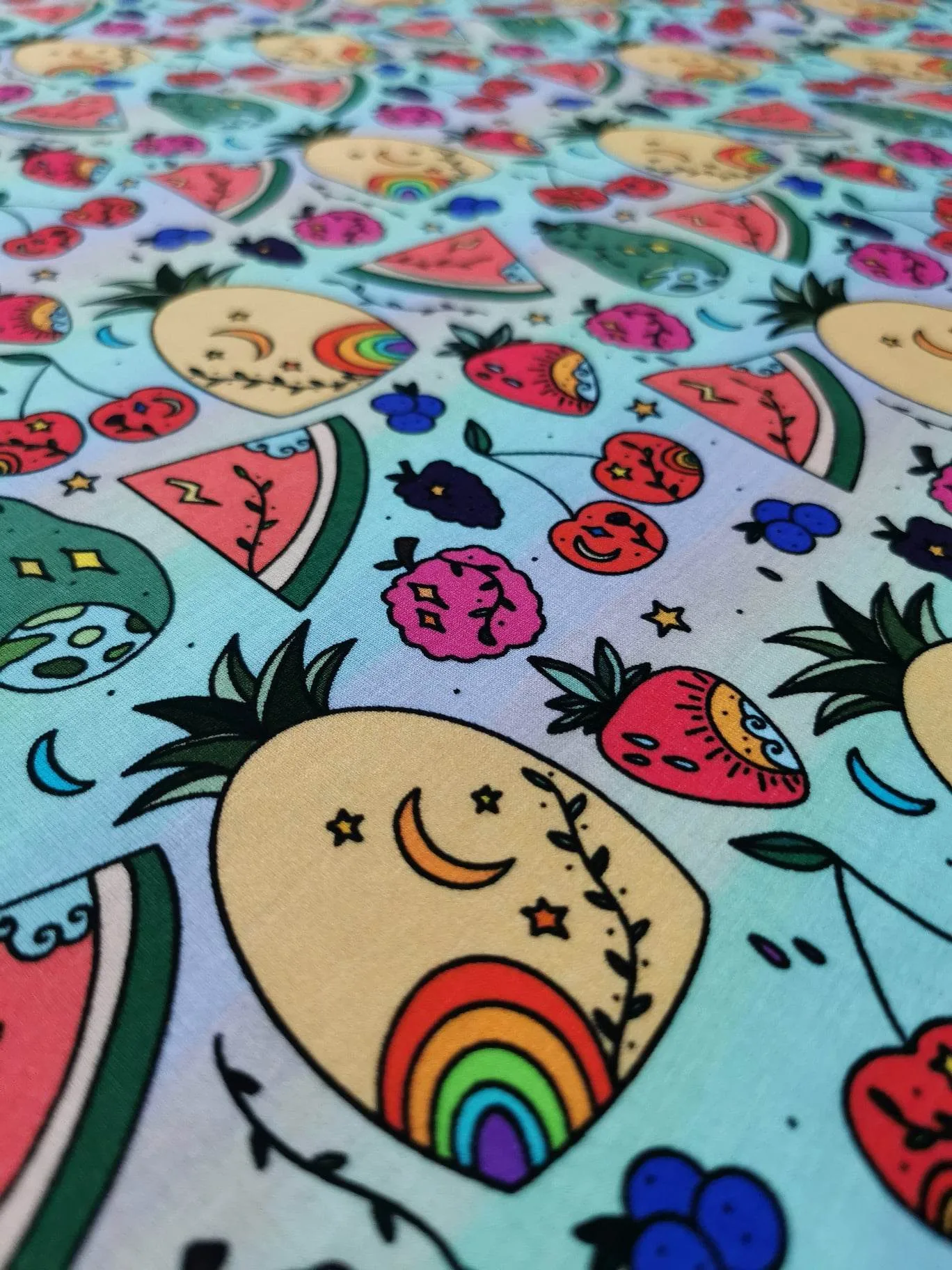 Fruity Rainbow Cotton Lycra Jersey Fabric £16.50pm (with wholesale pricing)
