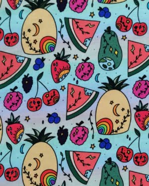 Fruity Rainbow Cotton Lycra Jersey Fabric £16.50pm (with wholesale pricing)