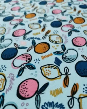 GOTS ORGANIC Blue Fruity Lemon Jersey Fabric £15pm