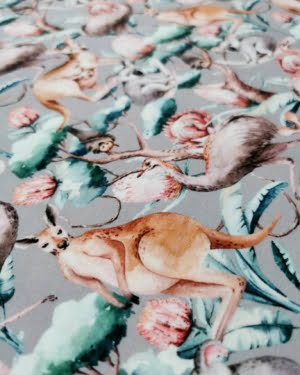 GOTS ORGANIC Grey Australian Animals Jersey Fabric £15pm