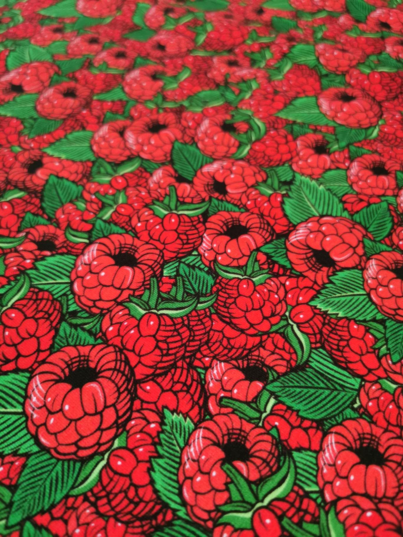 Red Raspberry summer fruit on stretch cotton lycra jersey fabric for sewing your own clothes.