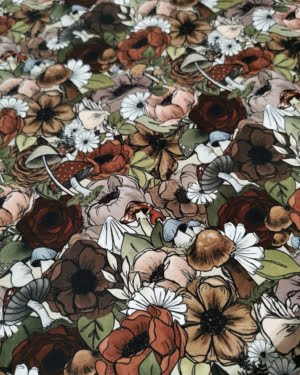 Autumn Floral Mushroom Cotton Lycra Jersey Fabric £16.50pm