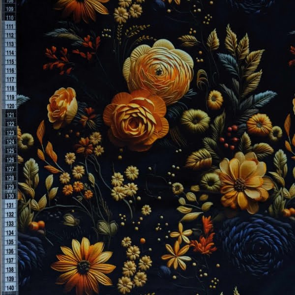 Luxurious autumn floral French Terry Jersey Stretch Fabric with a ruler for scale