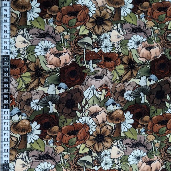 Autumn Floral Mushroom jersey Stretch Fabric with ruler for scale