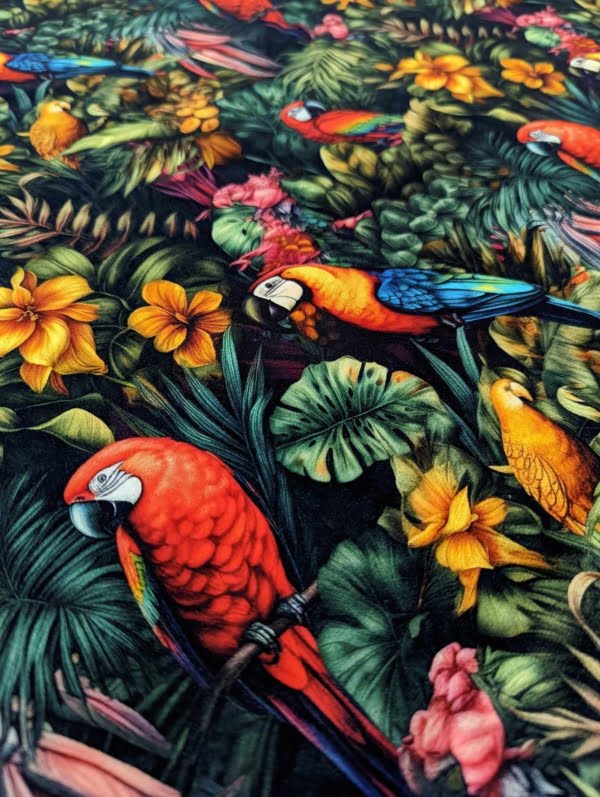 vibrant parrot Jersey Stretch Fabric close up for deatils
