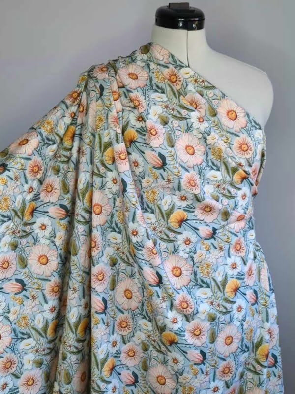 High quality Floral French Terry Stretch Fabric on a mannequin