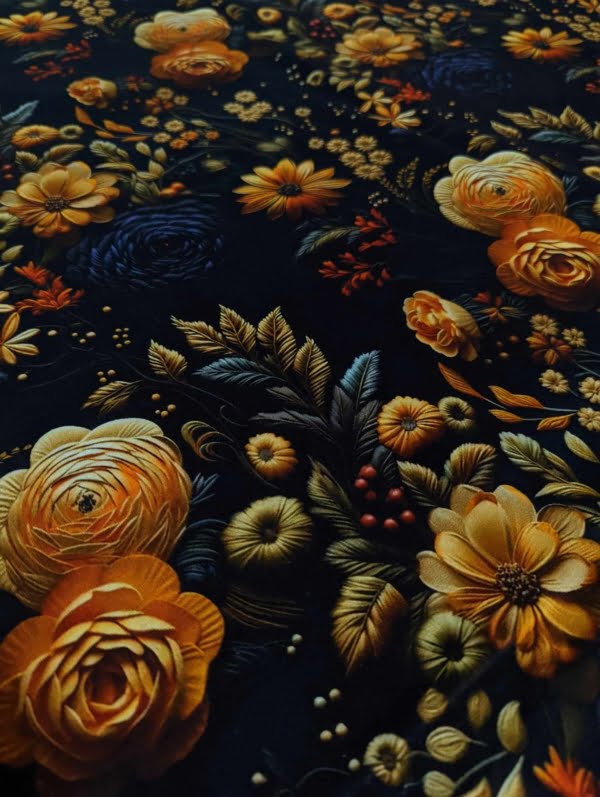 Luxurious autumn floral French Terry Jersey Stretch Fabric close up showing quality and detail