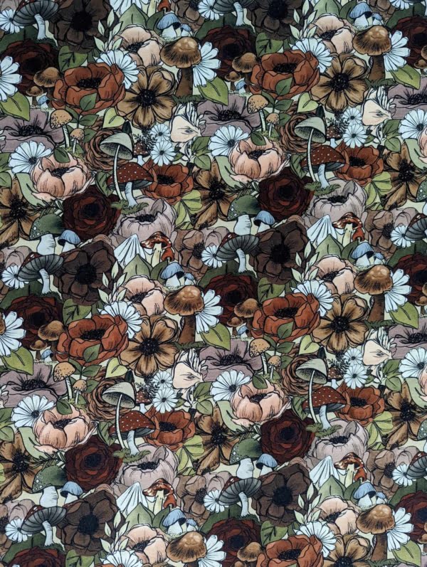 Autumn nature colours Floral Mushroom jersey Stretch Fabric