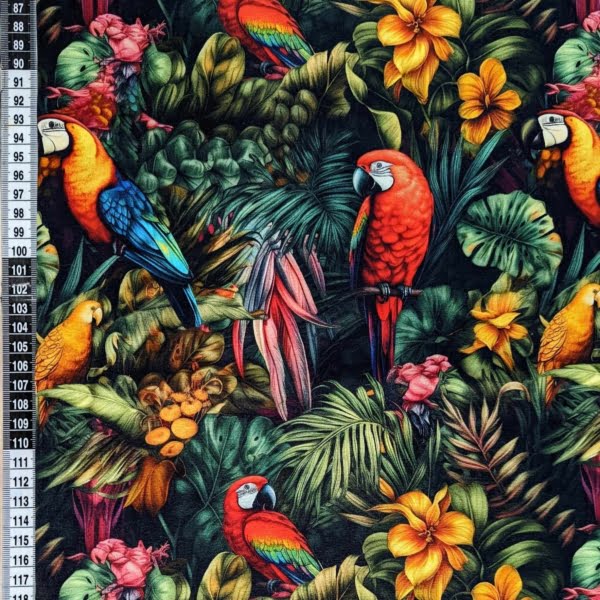 vibrant parrot Jersey Stretch Fabric with ruler for scale