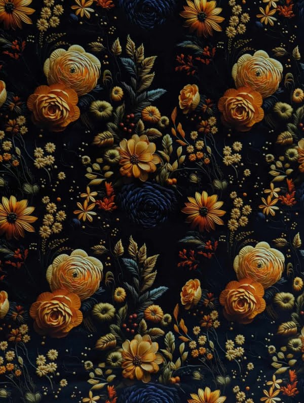 Luxurious autumn floral French Terry Jersey Stretch Fabric full view