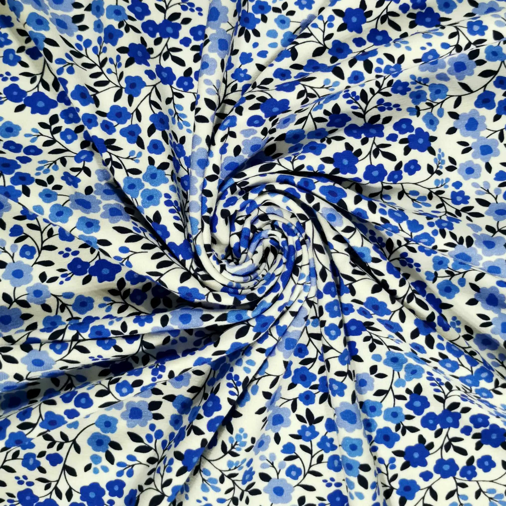 Blue Ditsy Floral Cotton Lycra Jersey Fabric