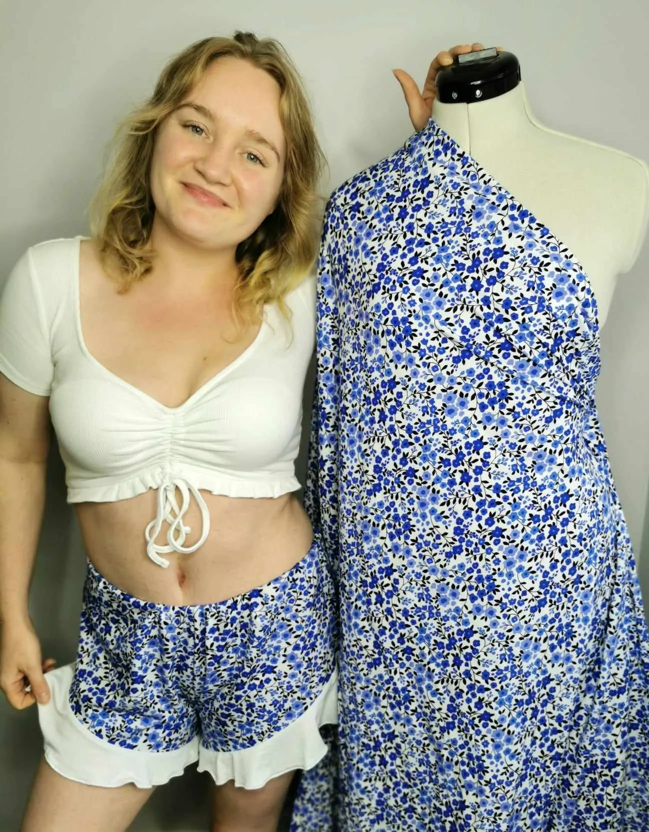 Blue Ditsy Floral Cotton Lycra Jersey Fabric