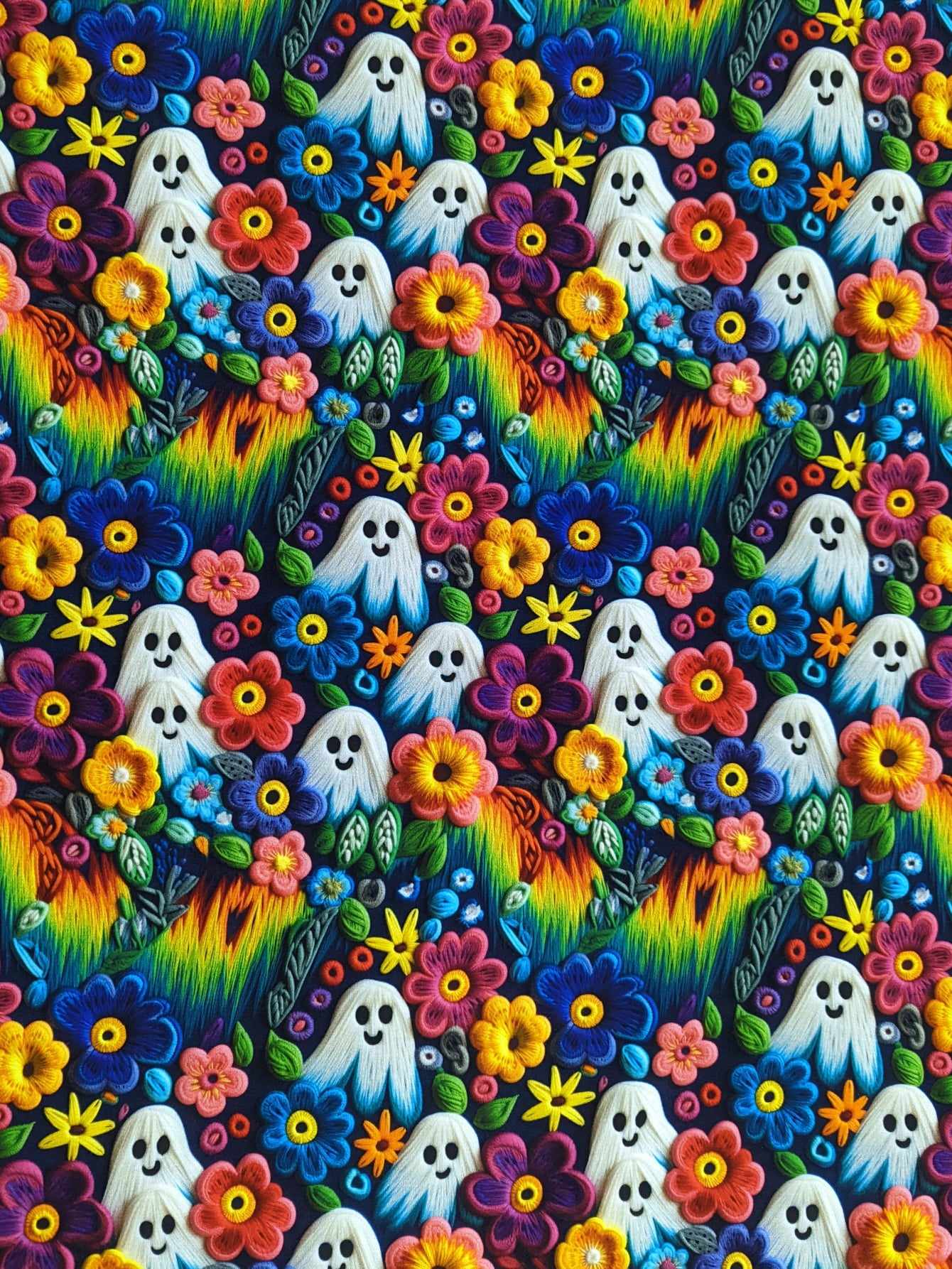 Rainbow Cute Ghosts Cotton Lycra Jersey stretch fabric