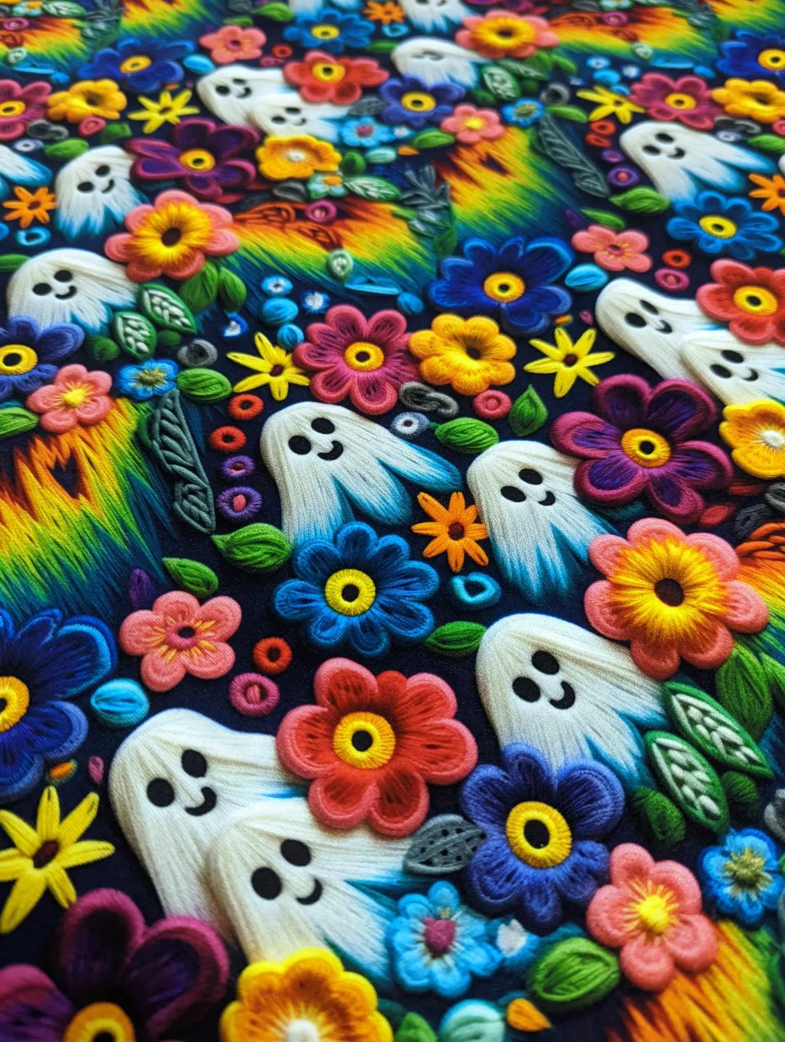 Rainbow Cute Ghosts Cotton Lycra Jersey stretch fabric