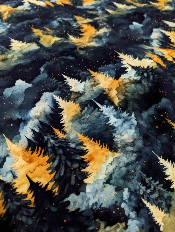 Mountain Trees French Terry Stretch Knit Fabric