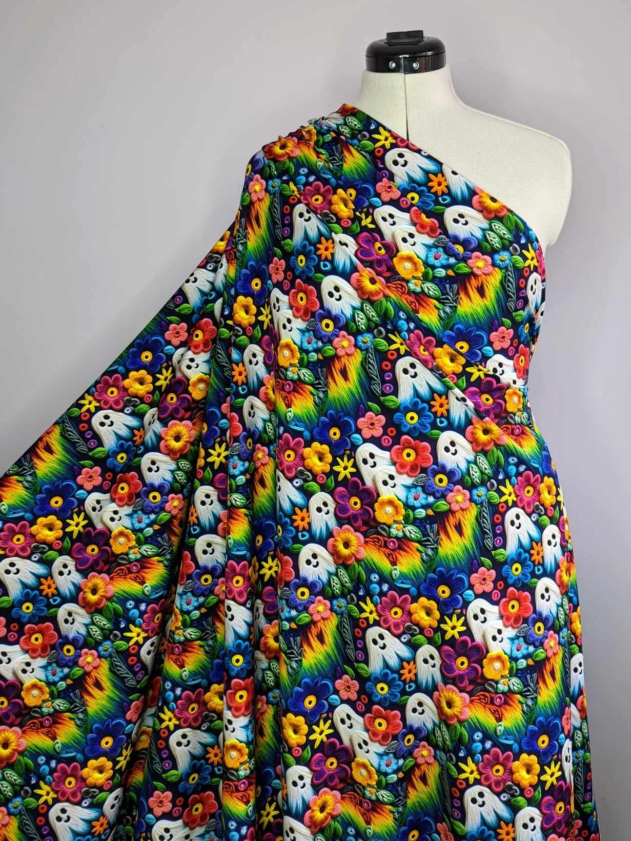 Rainbow Cute Ghosts Cotton Lycra Jersey stretch fabric