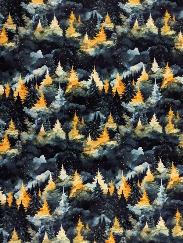 Mountain Trees French Terry Stretch Knit Fabric