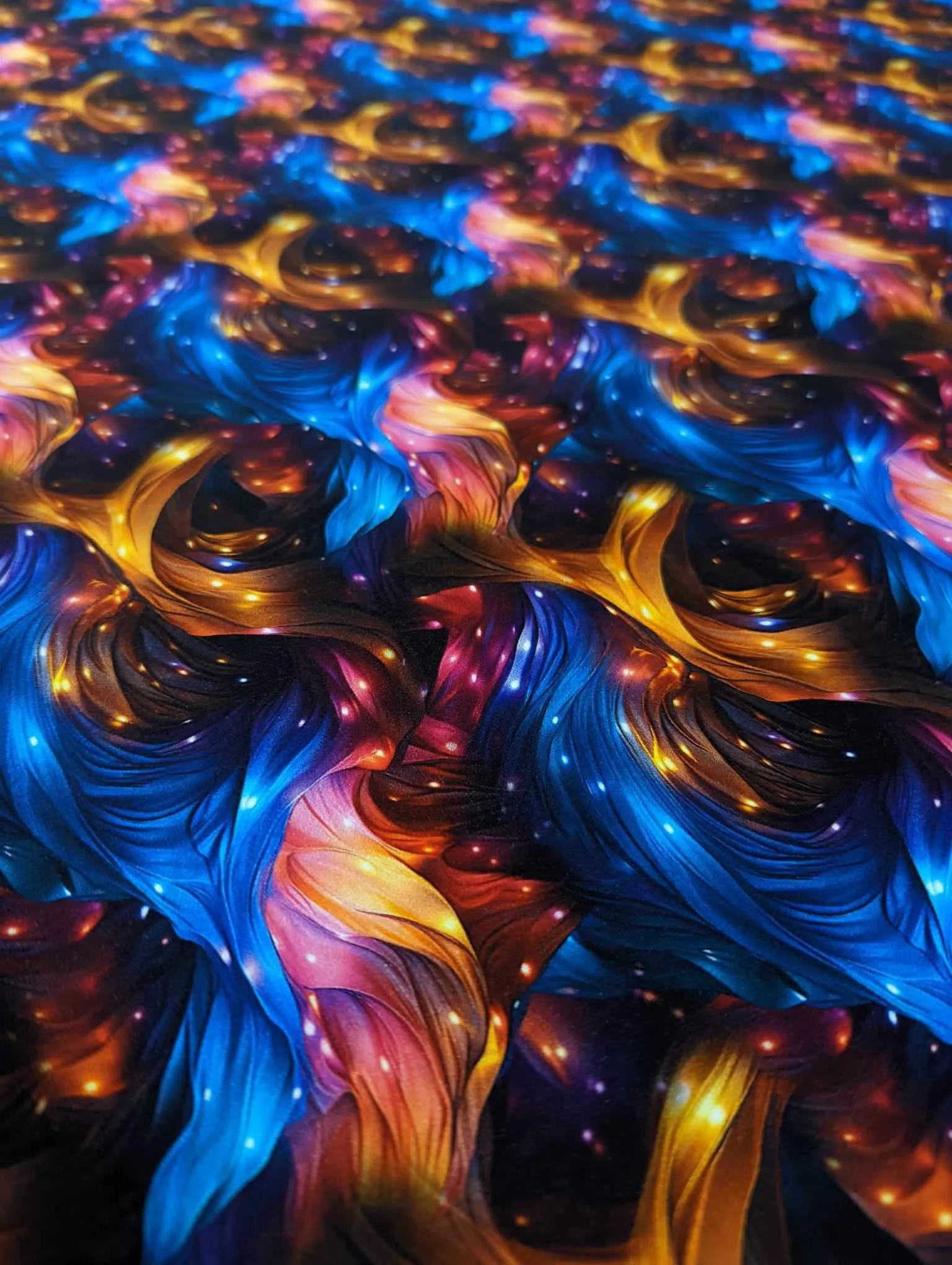 Twinkle Rainbow Swirl French Terry Stretch Fabric, Pink Blue and orange swirls.