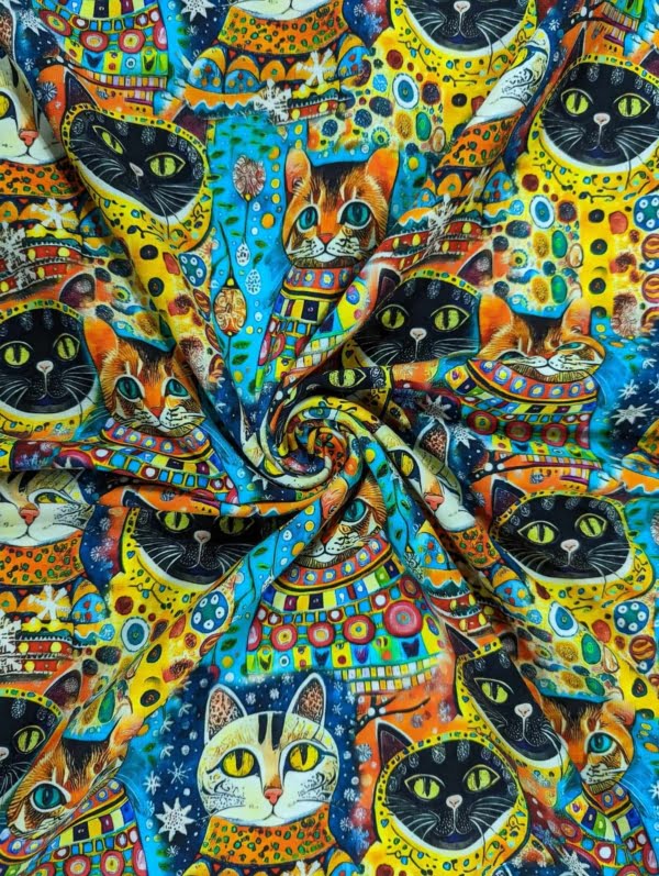 Arty cats french terry fabric, stretch fabric for sewing with a fun, vibrant, colourful pussy cat design.