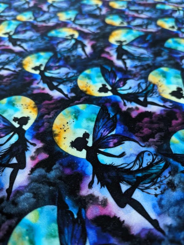 Purple fairy french terry fabric, stretch fabric for sewing with a moon fairy design.