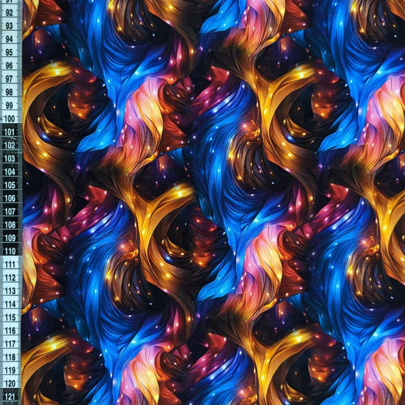 Twinkle Rainbow Swirl French Terry Stretch Fabric, Pink Blue and orange swirls.