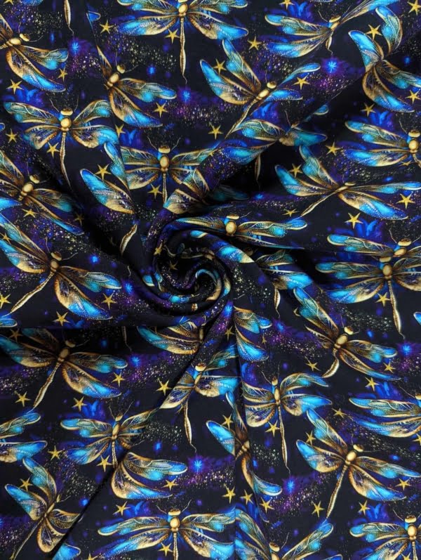 Vibrant Dragonfly Cotton Lycra Jersey Stretch fabric, vivid deep purple with blues and gold colours.