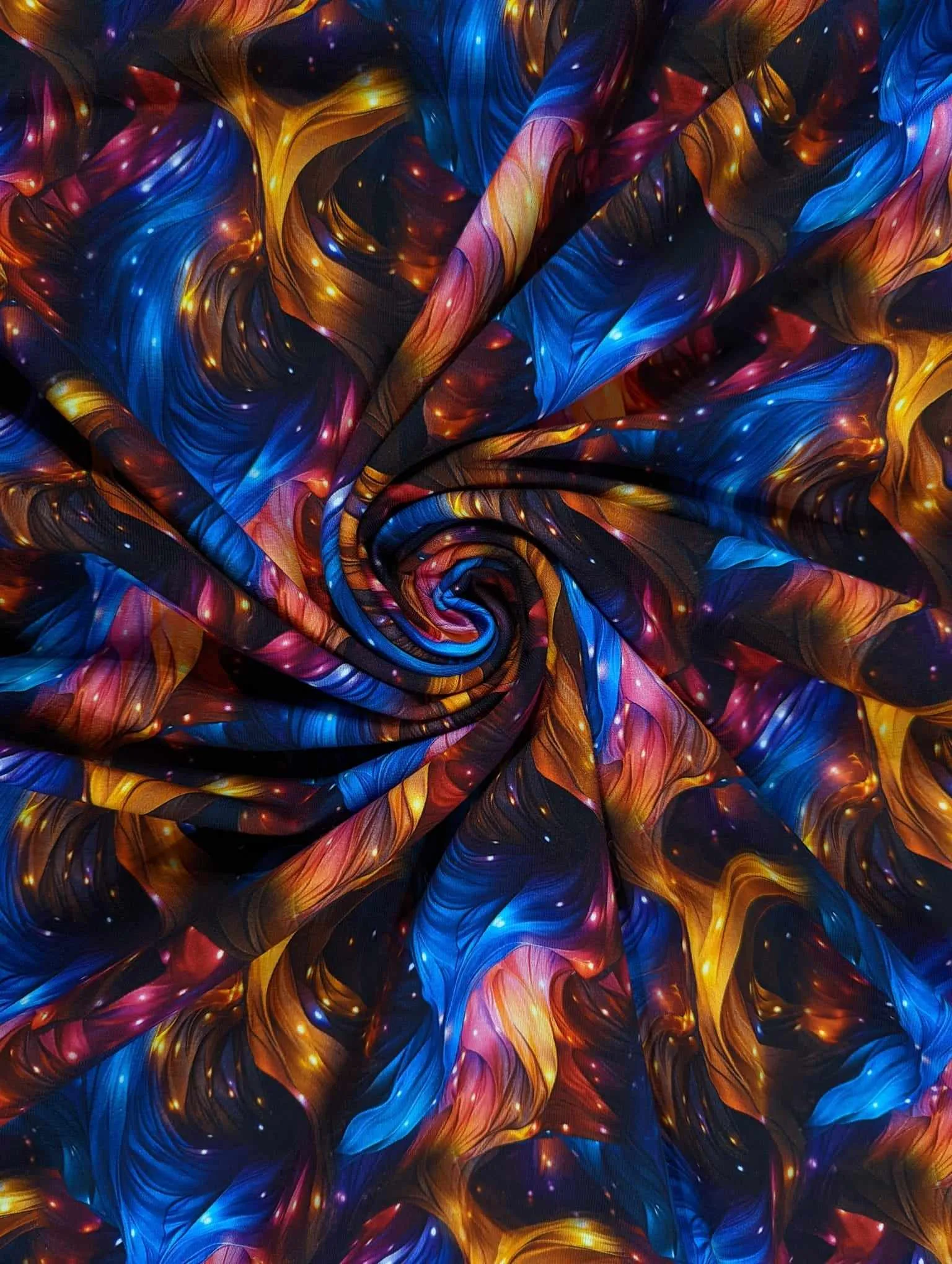 Twinkle Rainbow Swirl French Terry Stretch Fabric, Pink Blue and orange swirls.