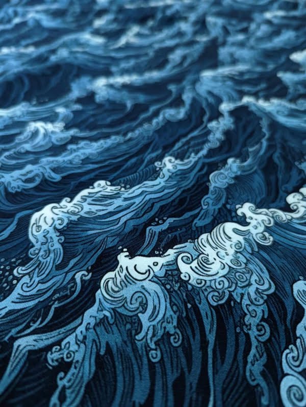 Blue wave cotton lycra jersey fabric, stretch fabric with curling sea waves, for sewing stretch garments.