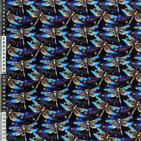 Vibrant Dragonfly Cotton Lycra Jersey Stretch fabric, vivid deep purple with blues and gold colours.