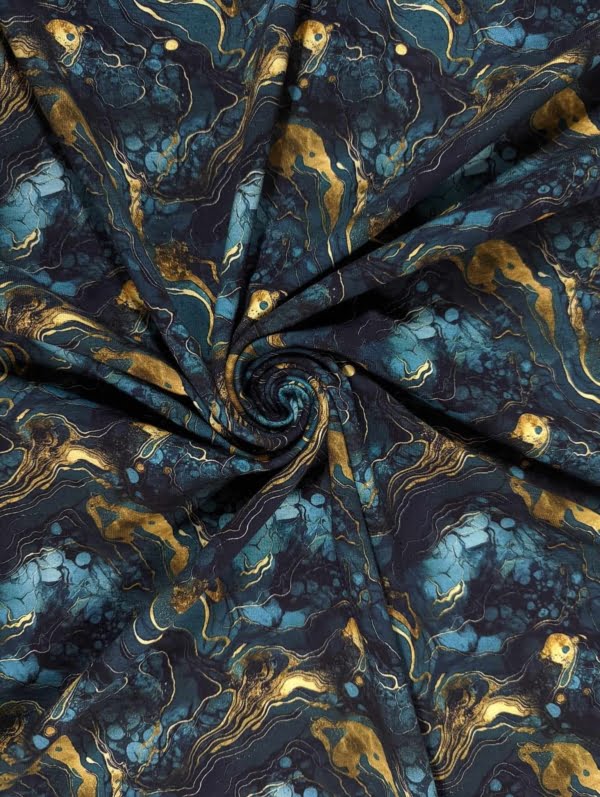 Deep Green and gold gilded marble cotton lycra stretch jersey fabric
