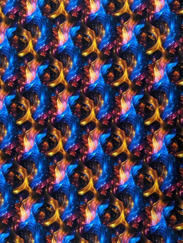Twinkle Rainbow Swirl French Terry Stretch Fabric, Pink Blue and orange swirls.