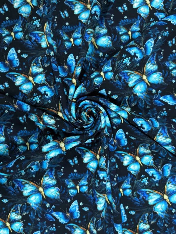Cotton Lycra Jersey Stretch Fabric beautiful Blue Butterfly design. 4 way stretch