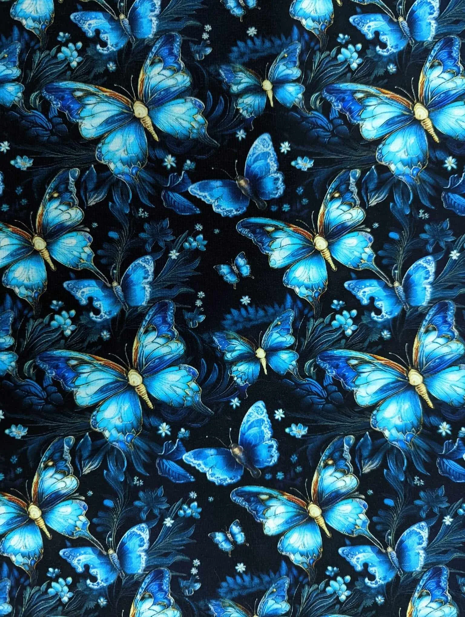 Cotton Lycra Jersey Stretch Fabric beautiful Blue Butterfly design. 4 way stretch