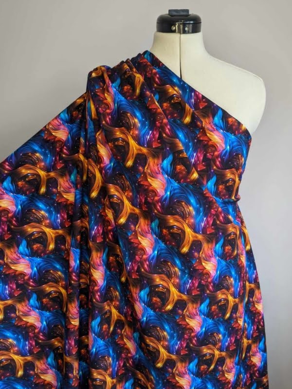 Twinkle Rainbow Swirl French Terry Stretch Fabric, Pink Blue and orange swirls.