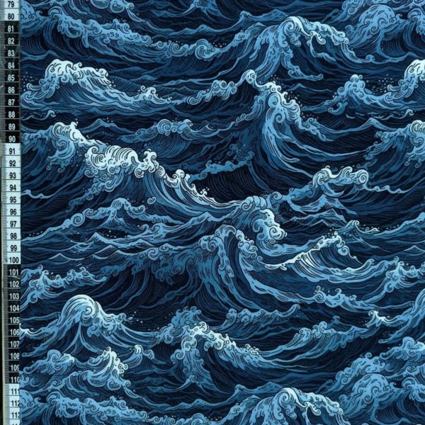 Blue wave cotton lycra jersey fabric, stretch fabric with curling sea waves, for sewing stretch garments.