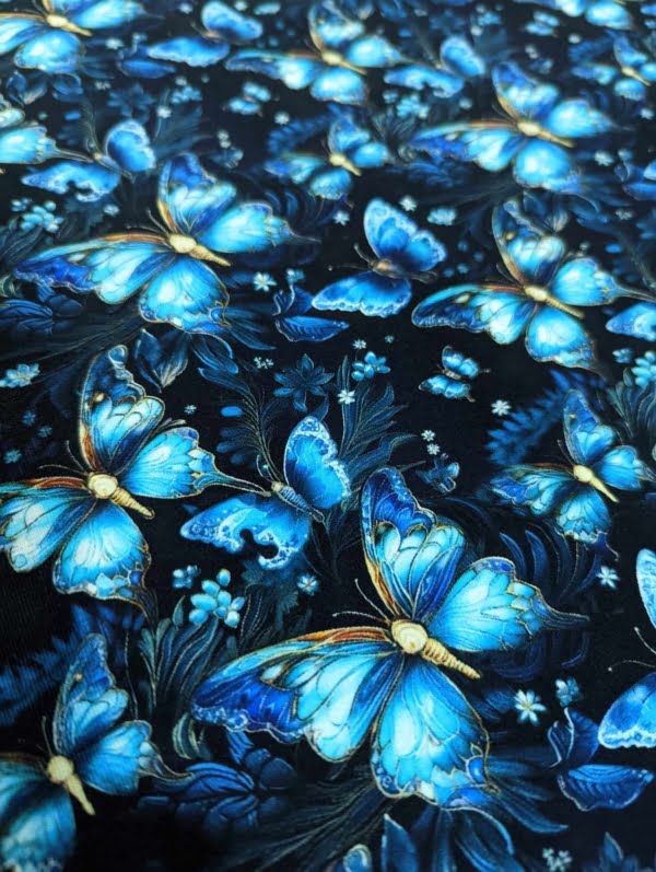 Cotton Lycra Jersey Stretch Fabric beautiful Blue Butterfly design. 4 way stretch