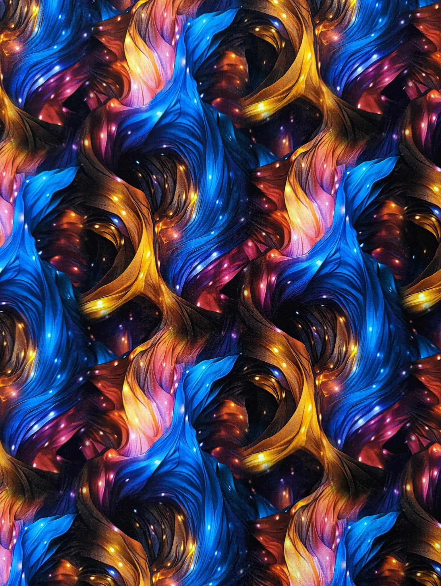 Black Super Soft Cuddle Fur Short Pile Teddy Fleece £13pm 3 Twinkle Rainbow Swirl French Terry Stretch Fabric, Pink Blue and orange swirls.