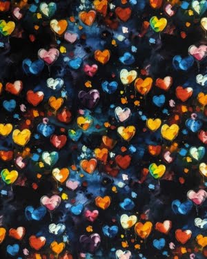 Cotton Lycra Jersey stretch Fabric with lots of multicoloured Painted Hearts.
