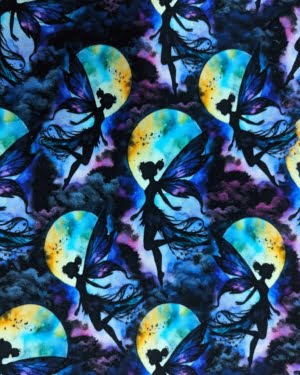 Purple fairy french terry fabric, stretch fabric for sewing with a moon fairy design.