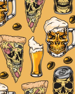 PREORDER Pizza Beer Skulls Jersey Fabric Due June 2024 £16.50pm