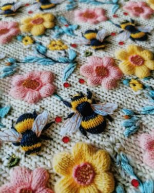 PREORDER Embroidered Bee Floral French Terry Fabric Due June 2024 £16.50pm