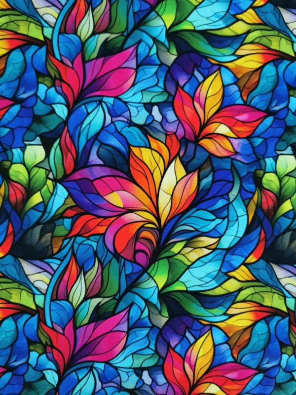 Stained Glass Rainbow colours, petal leaf design, on high quality cotton lycra jersey fabric with four way stretch