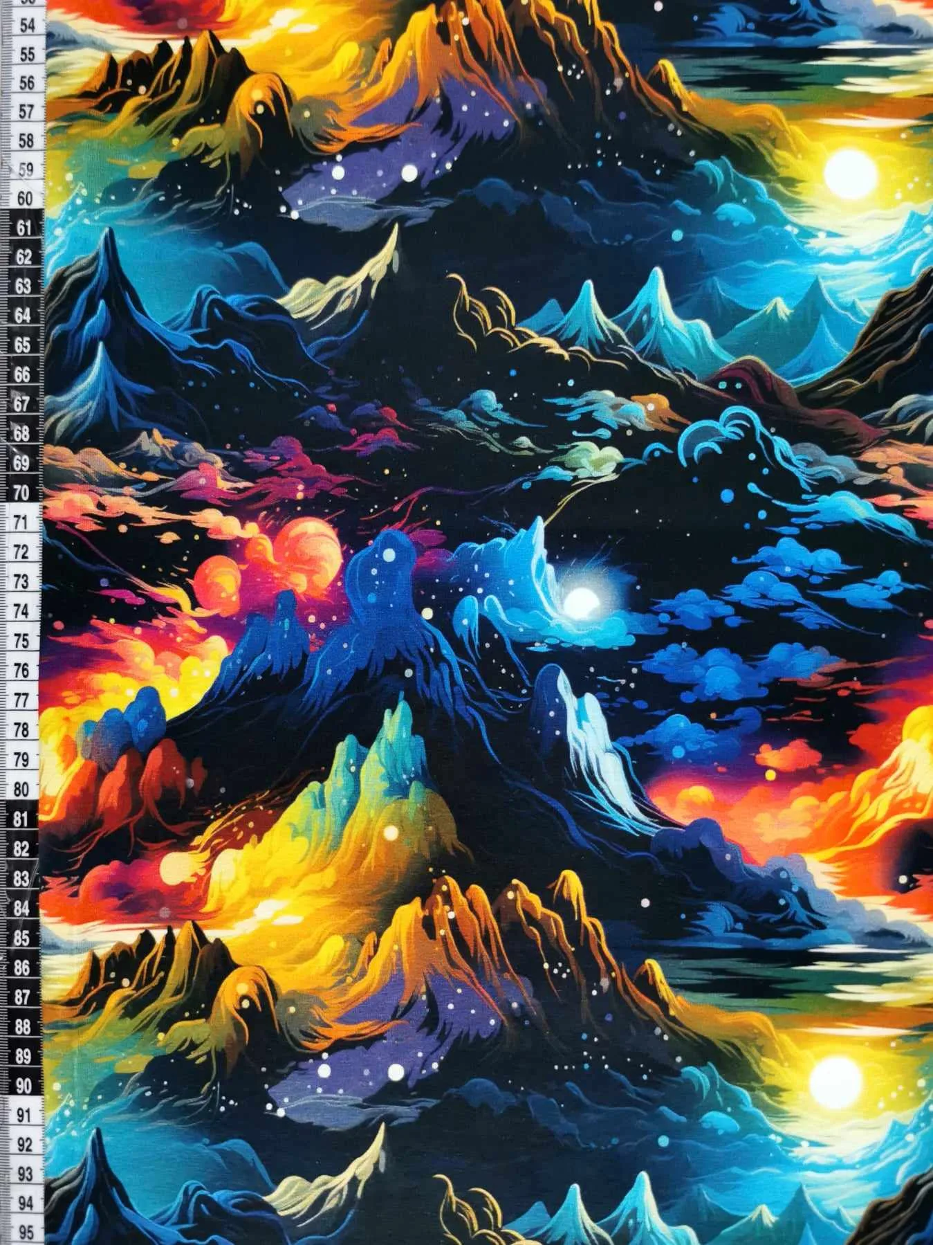 Colourful fairytale mountain landscape on high quality cotton lycra jersey fabric with four way stretch