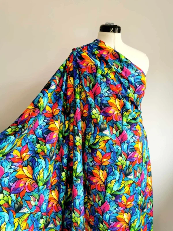 Stained Glass Rainbow colours, petal leaf design, on high quality cotton lycra jersey fabric with four way stretch
