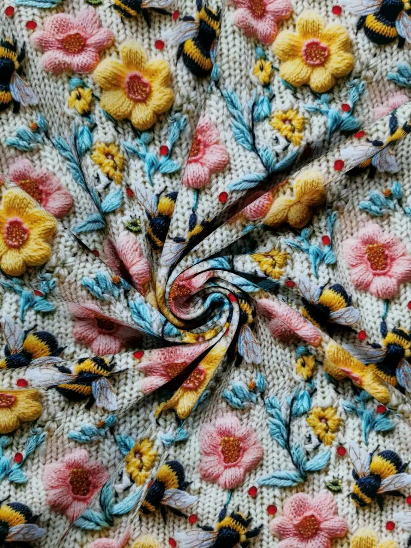 Embroidered effect bee fabric with pink and yellow flowers, four way stretch jersey