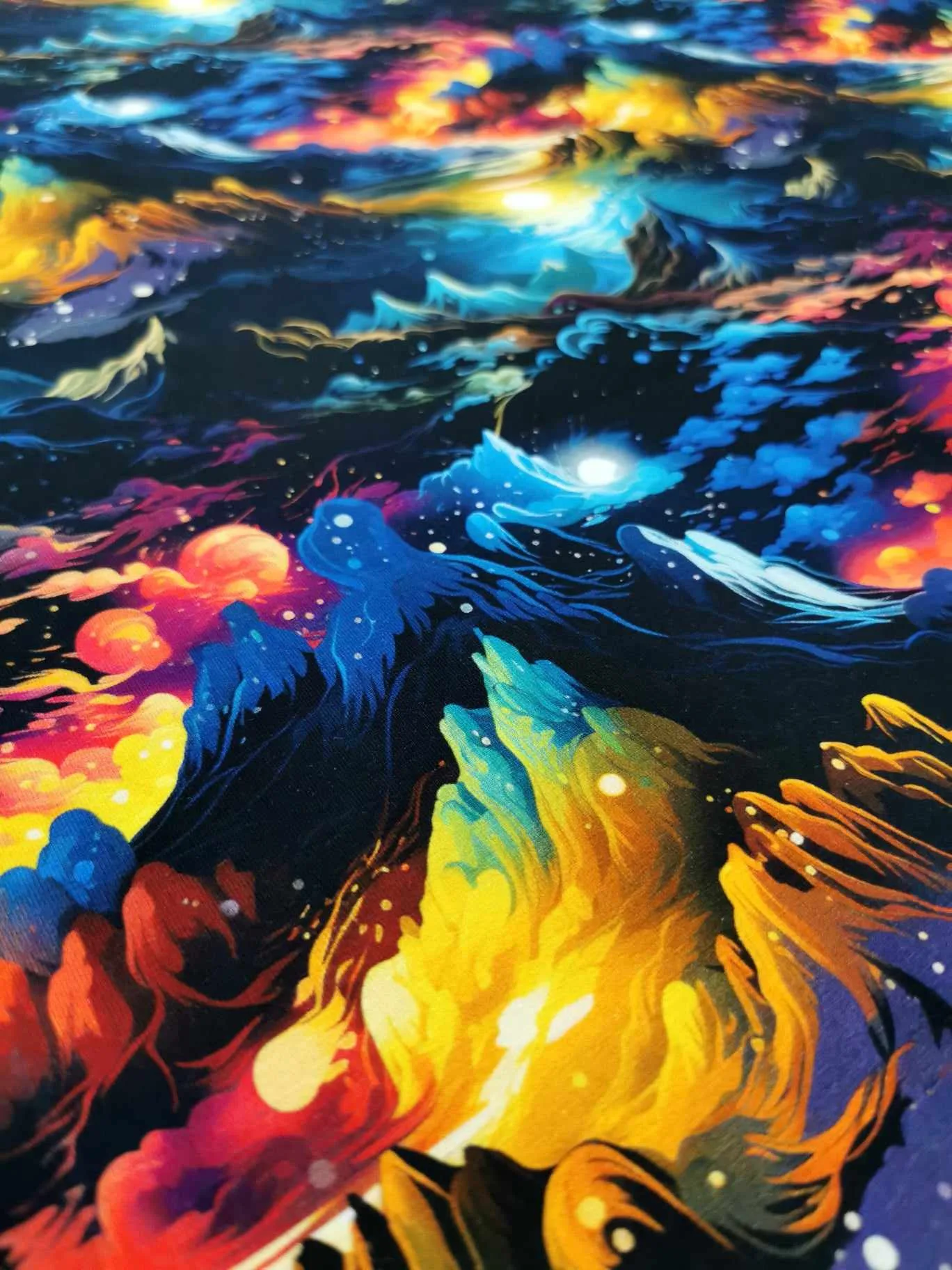 Colourful fairytale mountain landscape on high quality cotton lycra jersey fabric with four way stretch