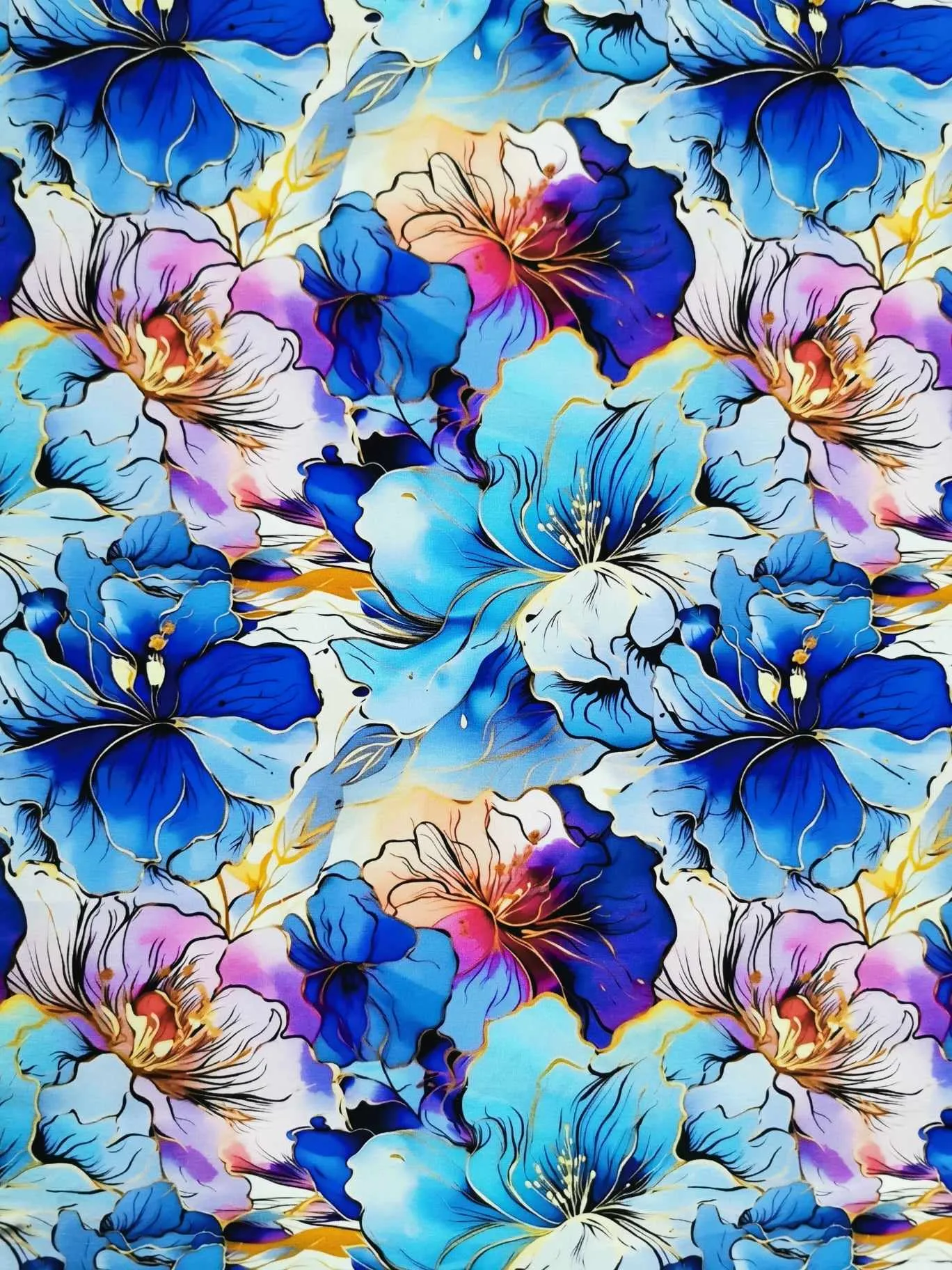 Purple and blue floral petal leaf design with gold gilding,, on high quality cotton lycra jersey fabric with four way stretch