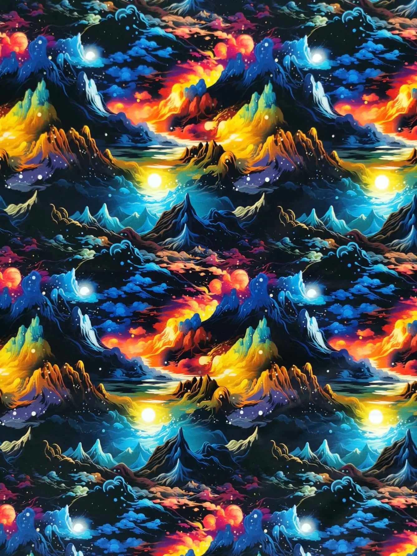 Colourful fairytale mountain landscape on high quality cotton lycra jersey fabric with four way stretch