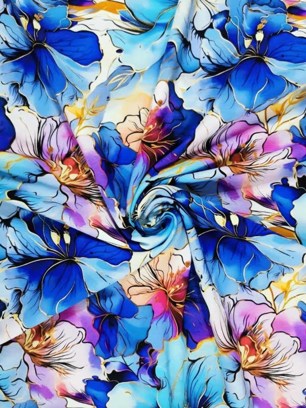 Purple and blue floral petal leaf design with gold gilding,, on high quality cotton lycra jersey fabric with four way stretch